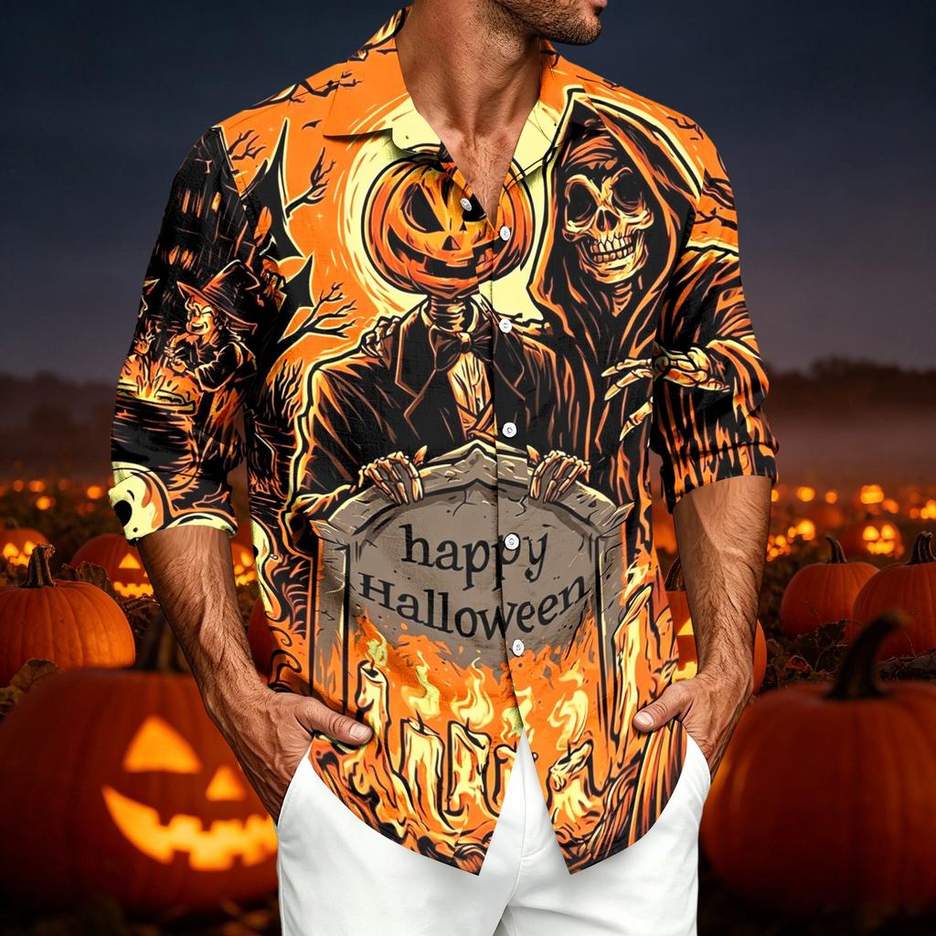 Men's Casual Long Sleeve Shirt with Halloween Print for Spring and Fall