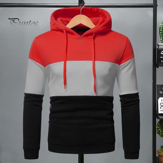 Men Fall Winter Hoodie Colorblock Drawstring Long Sleeves Big Pocket Hooded Retro Thin Loose School Daily Wear Casual Sport Top