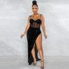 European & American Spaghetti Strap Sequin Mesh See-Through Irregular Slit Dress for Women