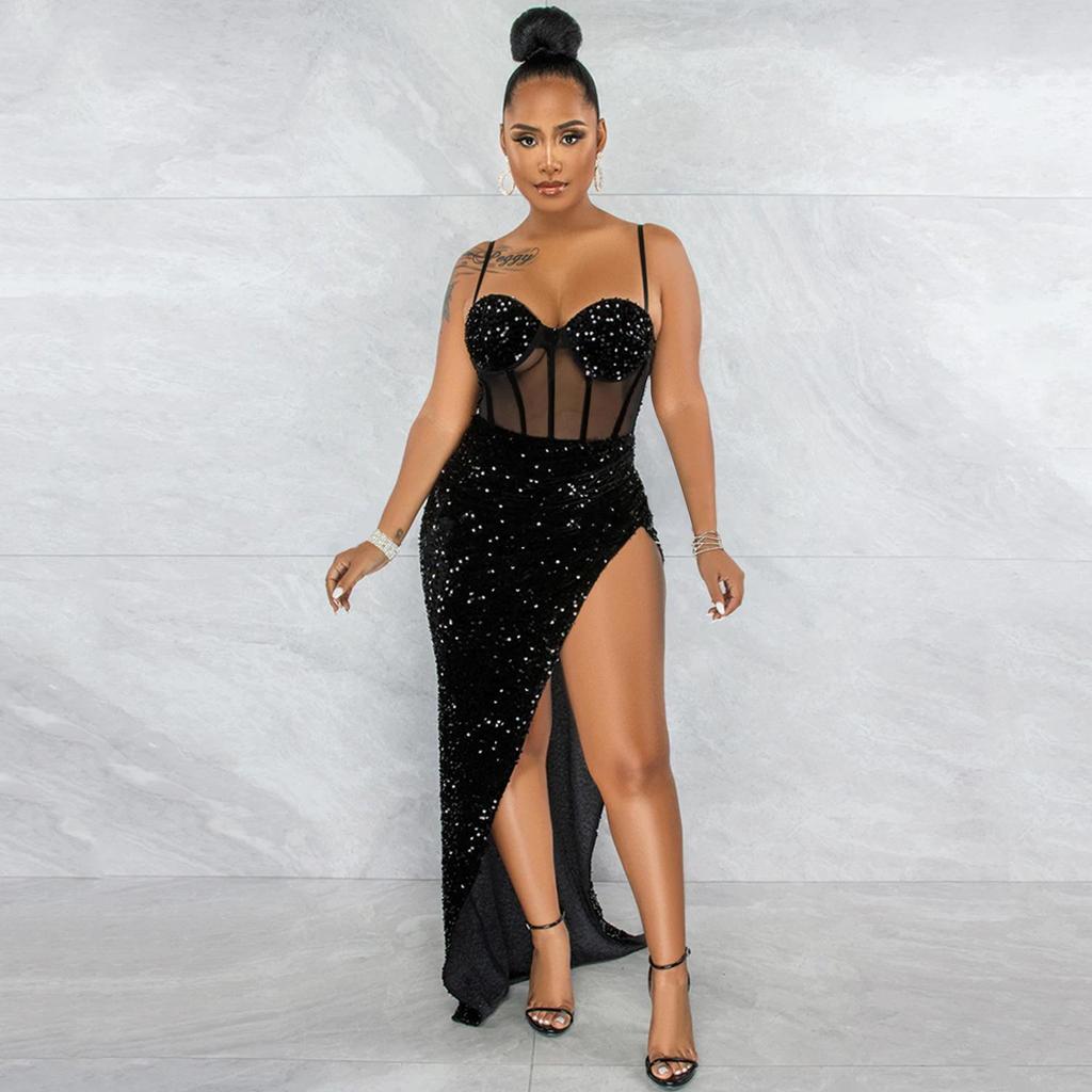 European & American Spaghetti Strap Sequin Mesh See-Through Irregular Slit Dress for Women