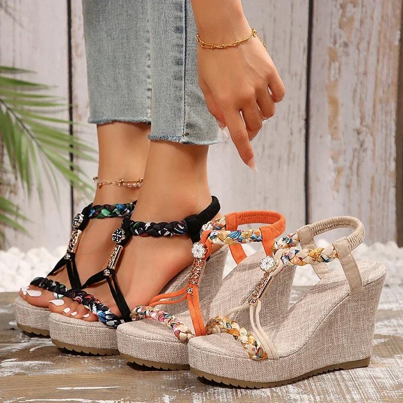 Fashion Plus Size Fashion Wedge Heel Sandals for Women Summer Bohemian Non Slip Beach Shoes Woman Braided Strap Chunky Platform Sandals