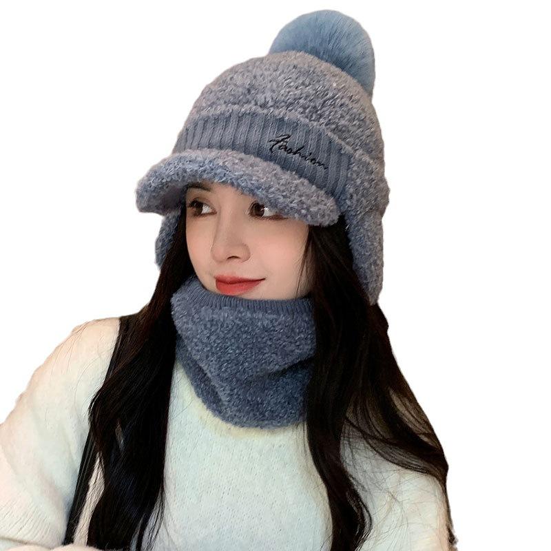 Letter Embroidery Plush Ear Protector Cap Women's Autumn and Winter Scarf Cover Cycling Warm Skiing Knitted Wool Cap