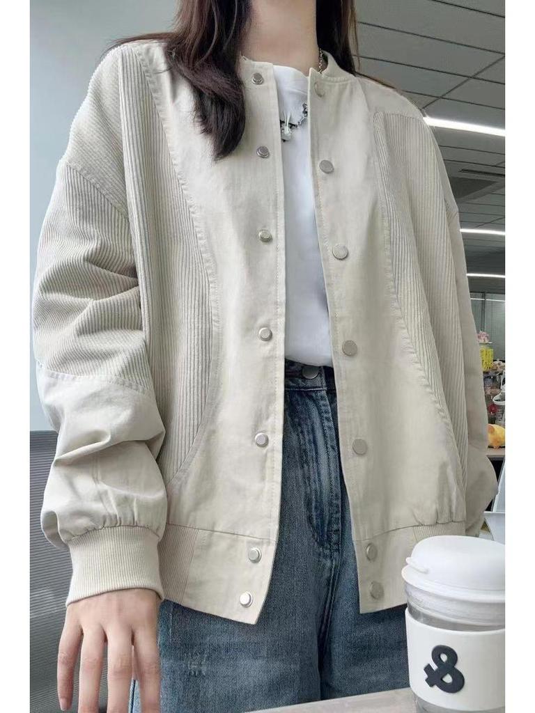 Women's Retro Corduroy Patchwork Baseball Jacket - Spring Fashion, Loose Fit, Casual Top