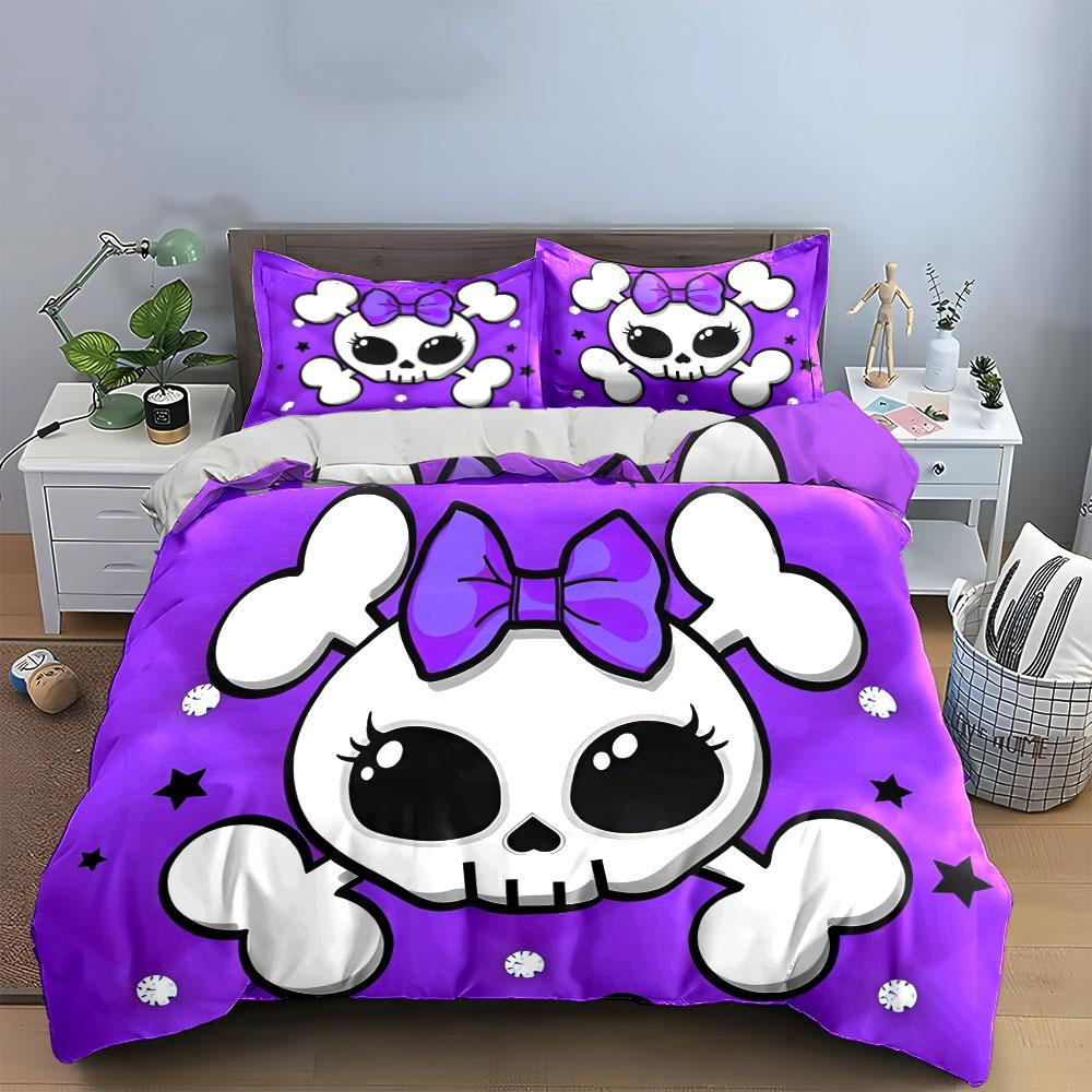 3Pc Cute Bow Crossbone Skull Duvet Cover Set,Purple Glitter Kawaii Bedding with 1 Duvet Cover 2 Pillowcases Single Double,Gift