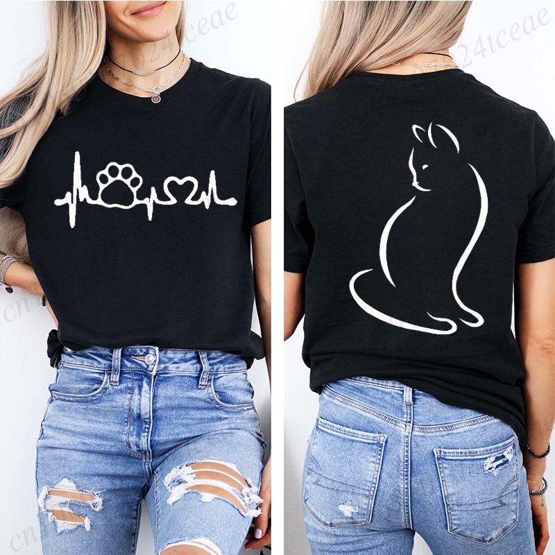 Women Y2k Grunge T-Shirts 2000s Vinage Cat Heartbeat Print T-Shirt Aesthetics Harajuku Round Neck Tops Street Fashion Streetwear