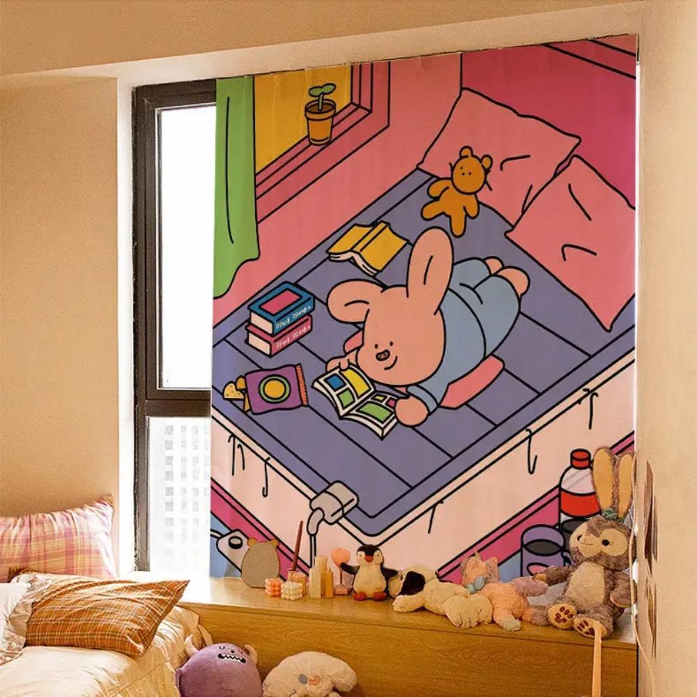 Kawaii Ins Curtain Fabric Punch-free Short Curtain Cartoon Curtains Self-adhesive Wall Cloth for Window Shading