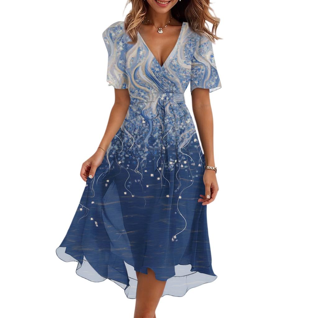 Women's Fashion Casual V Neck Short Sleeve Ruffled Vintage Printed Dresses