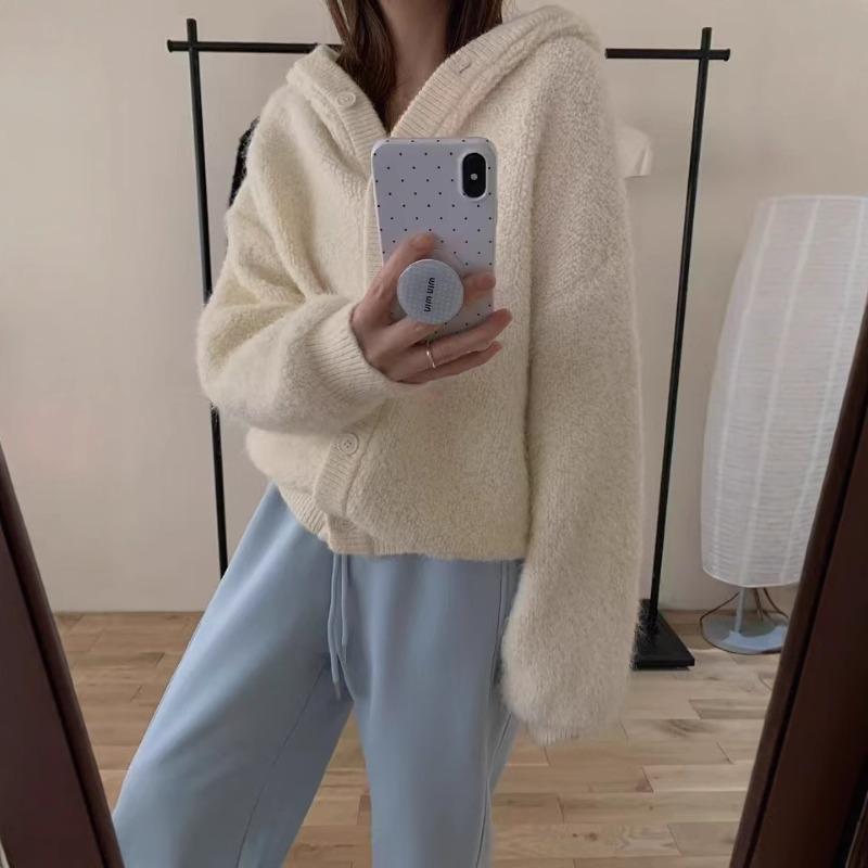 Soft Waxy Casual Versatile Hooded Knitted Cardigan Top Women's Solid Color Loose Lazy Wind Thickened Sweater Jacket