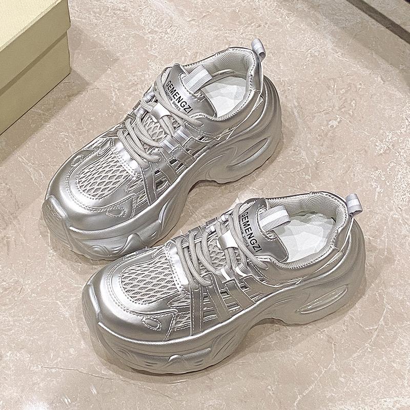 Fashion 7.5CM Breathable Hollow Leather Women Sandals Vulcanized Mesh Chunky Shoes Platform Shoes High Heels Casual Summer Sneakers