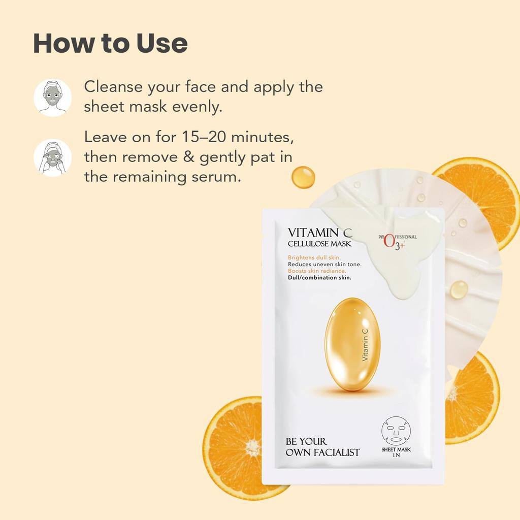 O3+ Facialist Vitamin C Cellulose Sheet Mask 30g Pack of 1 for Pigmentation & Even Skin Tone