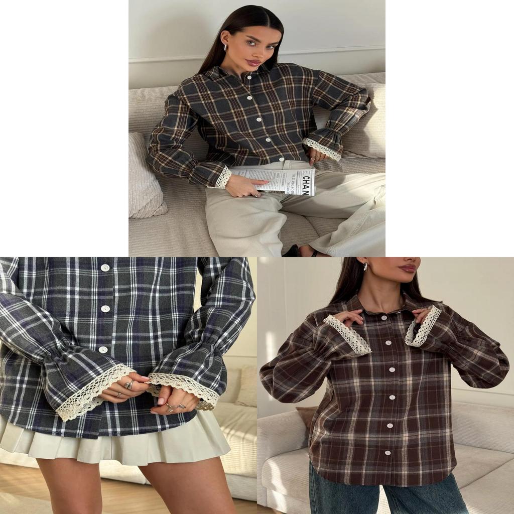 Casual Cotton Polyester Plaid Shacket With Long Sleeves For Spring Wear
