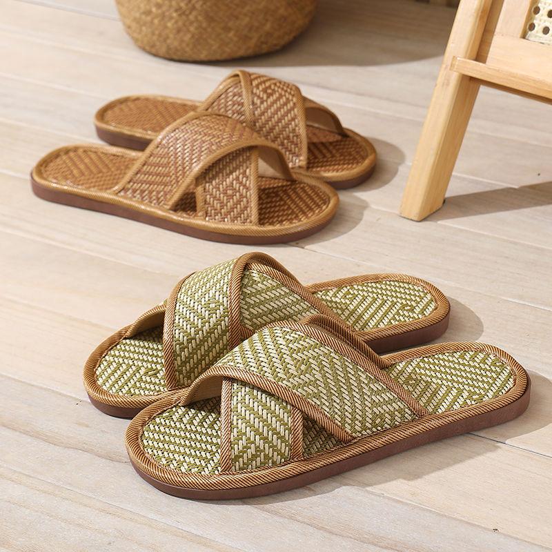 Cross Woven Bamboo Linen Indoor Home Thick Bottom Anti Slip Home Couple Floor Slippers