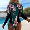 Costume da bagno intero da donna a manica lunga con zip frontale, stampa color-blocking, protezione solare, costume da surf/bagno
