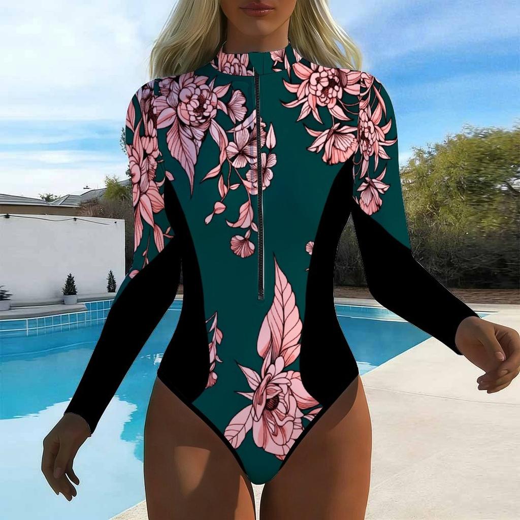 Costume da bagno intero da donna a manica lunga con zip frontale, stampa color-blocking, protezione solare, costume da surf/bagno