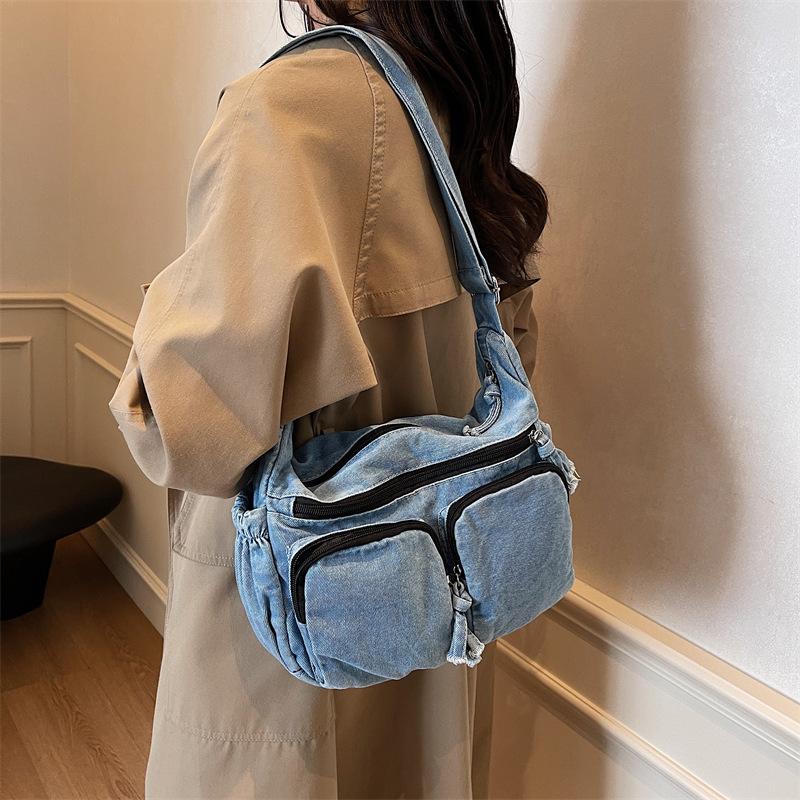 2025 new niche retro pleated dumpling bag denim locomotive bag casual fashion shoulder messenger canvas bag