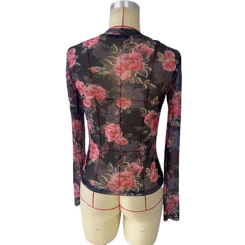 2026 Spring/Summer New Women's Rose Floral Print Round Neck Mesh Slim Fit Long Sleeve Top