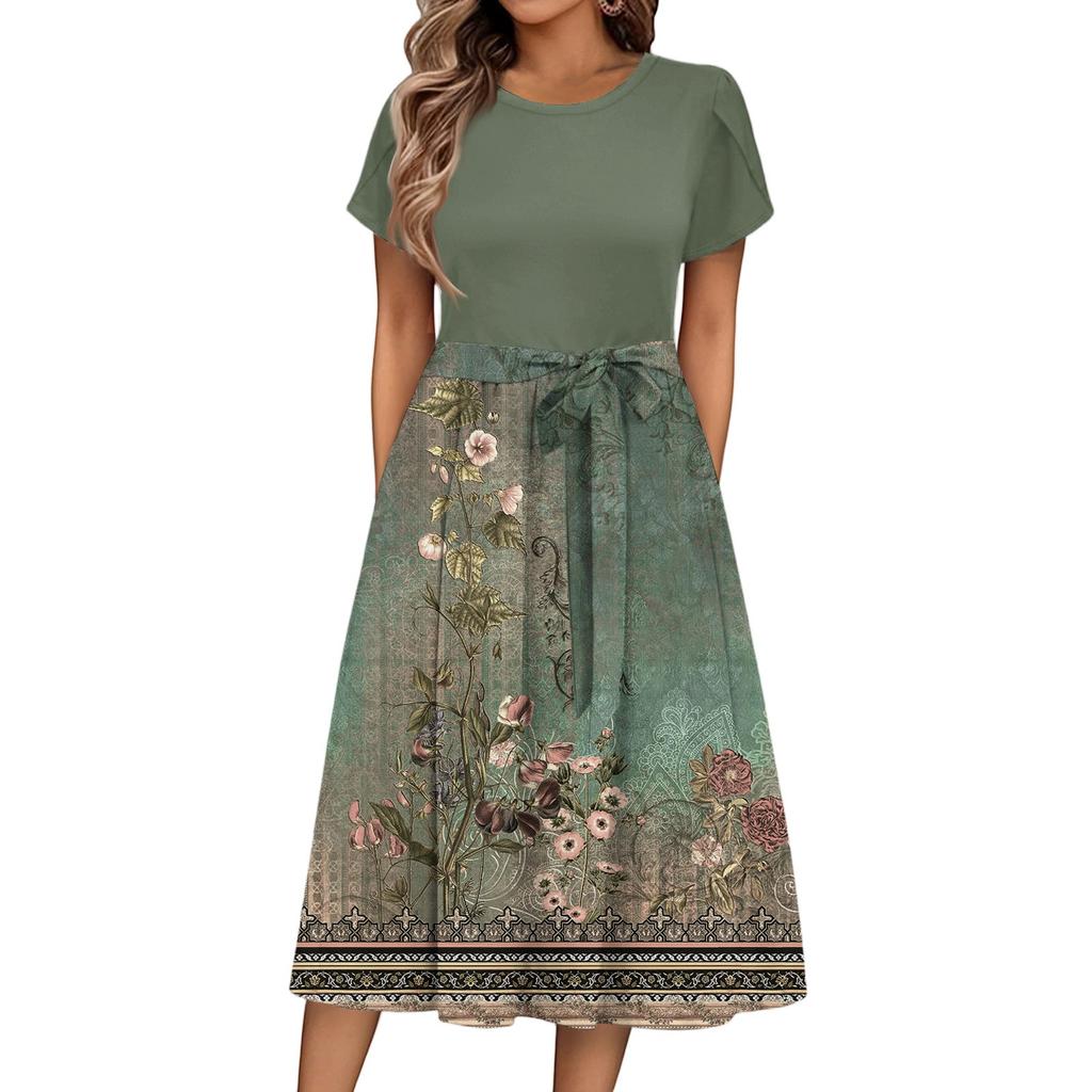Women's Casual Cute Pattern Print Round Neck Midi Dress Basic Classic Outdoor Everyday Short Sleeve Loose Dress