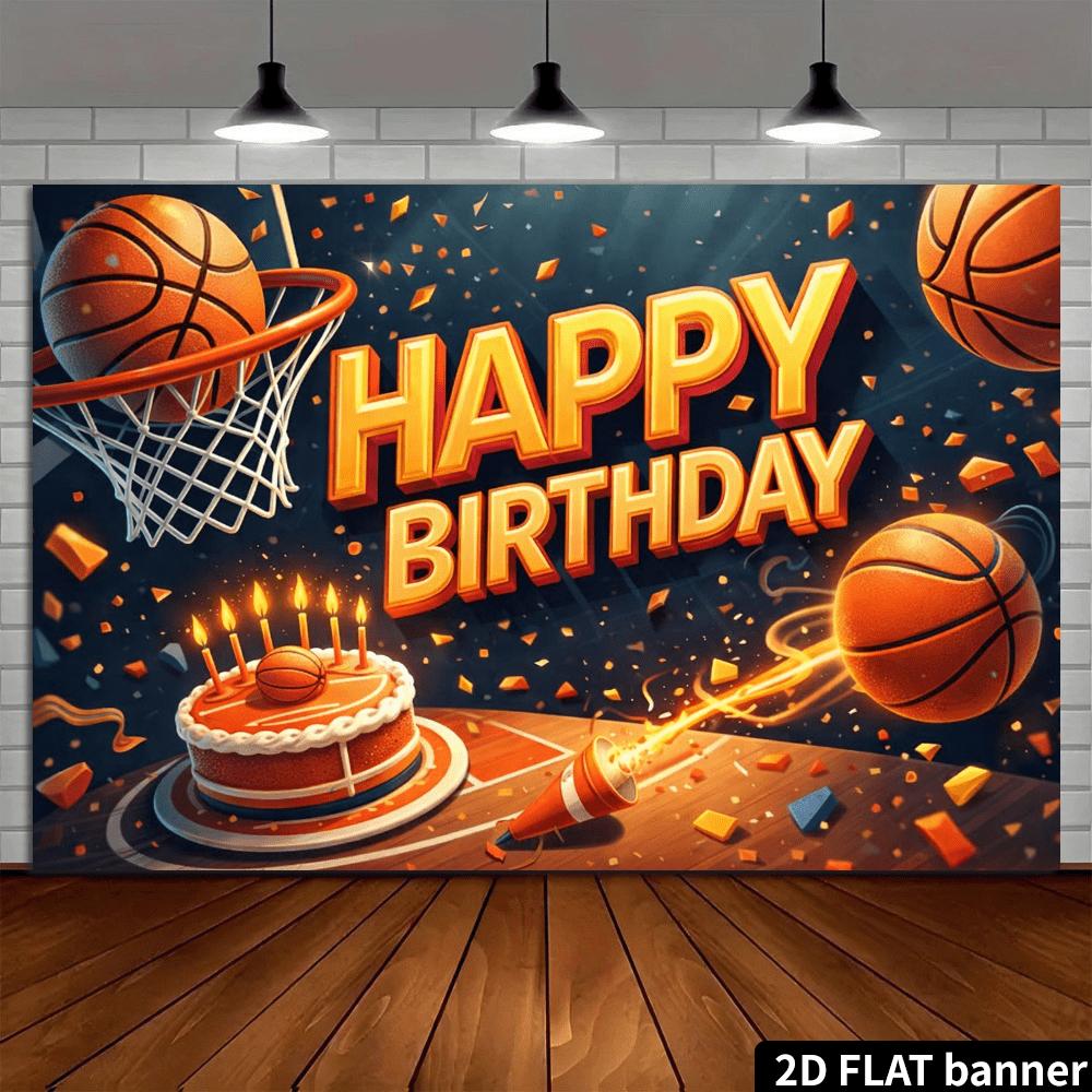 2D planar basketball-themed birthday banner background - basketball and birthday cake