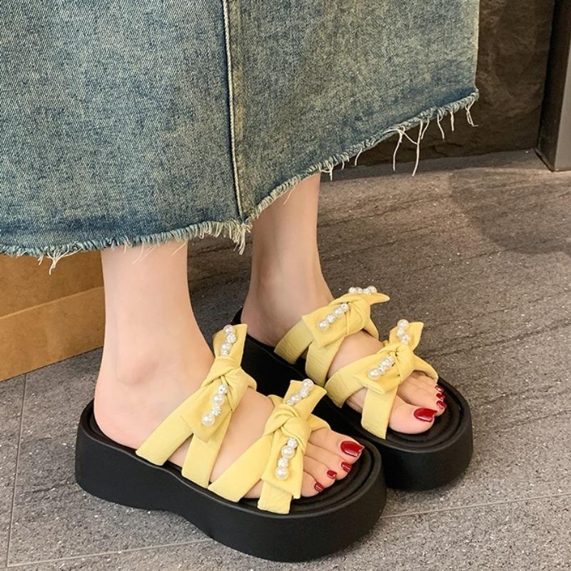 Fashion Summer New Rhinestone Bow Wedge Slippers Women's Fashion Round Toe Open Toe Platform Anti-Slip Wear-Resistant Flats