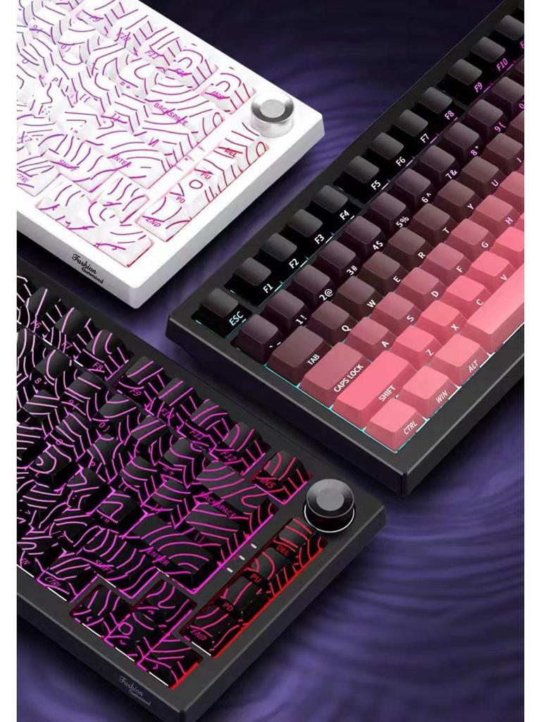 Custom Three-Mode Mechanical Keyboard: Wireless Bluetooth, Gaming & E-Sports with Side-Engraved Keycaps, Tri-Color Design & Control Knob.