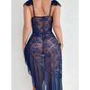 Sheer Sexy Pure Desire Strap Long Dress Nightgown Ruched Mesh Bowknot Slit Nightdress Transparent Flower Print Dress Charm RSOA