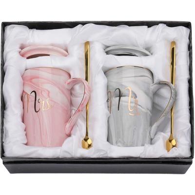Keramisk Kaffemugg med Marmorfinish med Lock & Sked för Jubileum Bröllop Förlovning Alla hjärtans Dag Gåvor till Par 380 ML