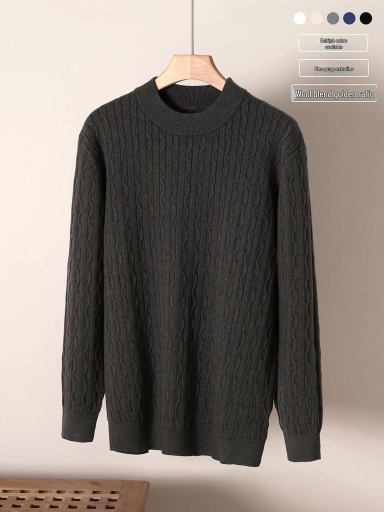 Herren Herbst- und Winter Pullover mit Zopfmuster aus Wolle - Einfacher Rundhalsausschnitt, Langarm, Einfarbige Farbe.