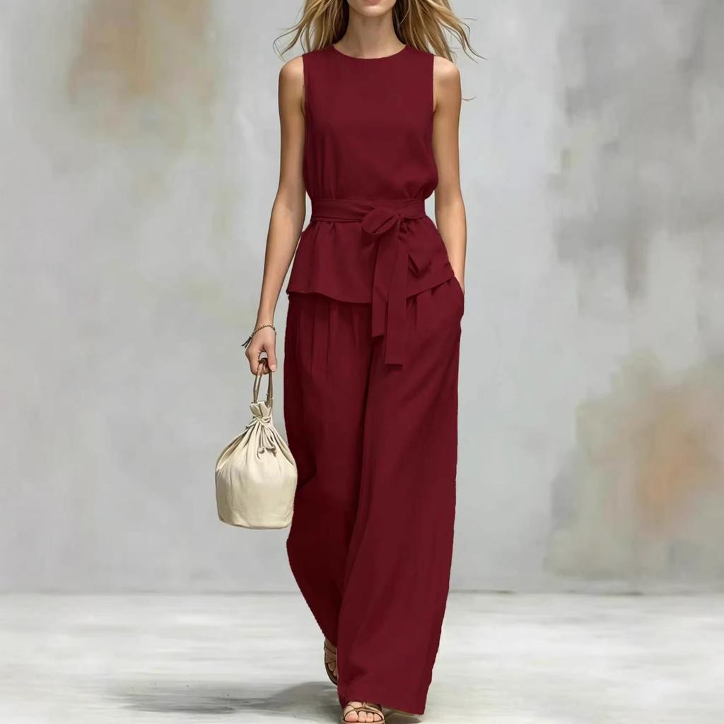 Women Solid Color Sleeveless Jumpsuit Round Neck Self Tie Belt Wide Leg Pants Casual Loose Fit Long Overalls