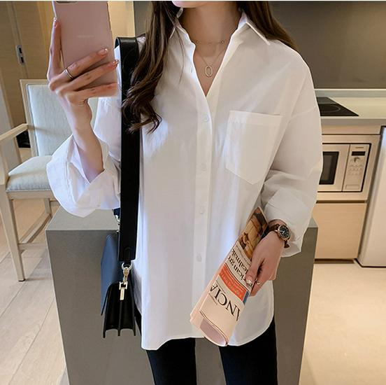 Korean Plus Size Solid Color Blouse for Women - Simple, Slimming, Loose Fit, 2026 Spring/Autumn Collection
