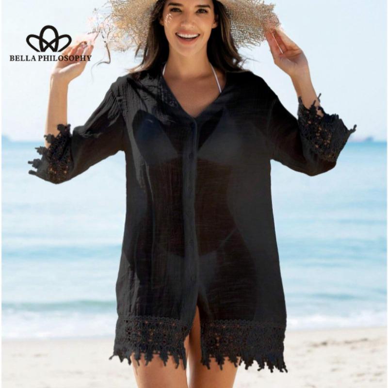 

Новое летнее женское короткое платье, сексуальное полое кружевное защитное платье от солнца, пляжное платье, отпускное платье XXL чёрный