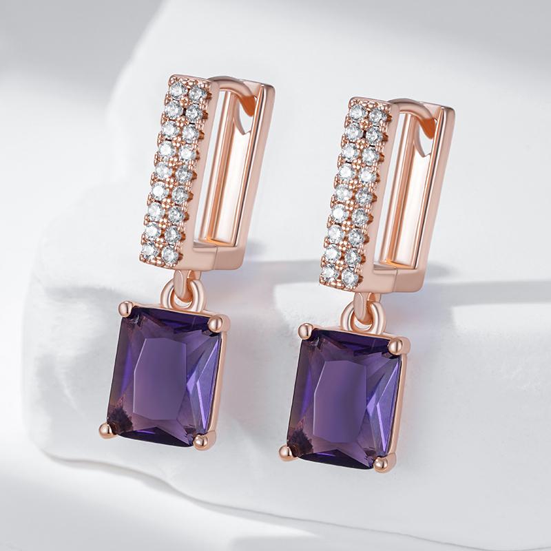 Shiny Purple Square Natural Zircon Drop Earrings For Women Fashion Rose Gold Color Vintage Party Daily Jewelry