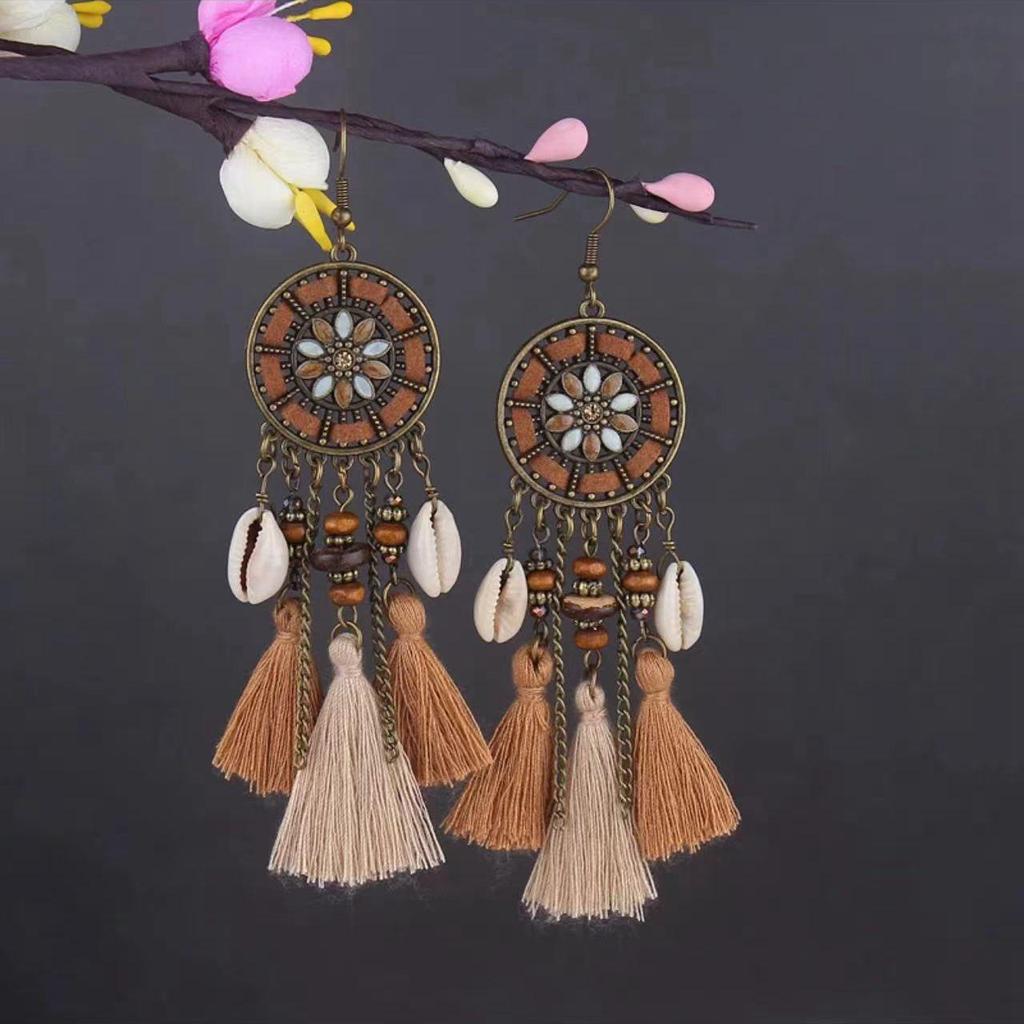 Bohemian Turquoise Owl Dream Catcher Tassel Earrings for Women
