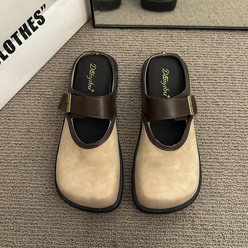 Baotou half slippers women's outer wear 2025 spring and summer new square head retro versatile one-word buckle cool slippers