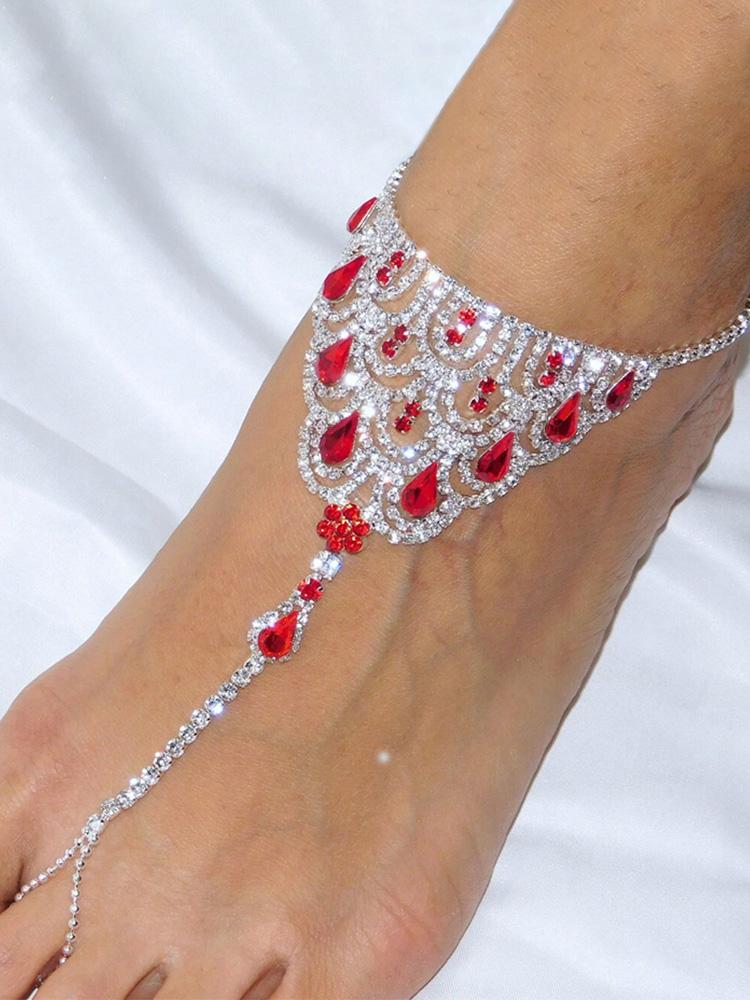Ruby Red Crystal Anklet Rhinestone Foot Chain for Women Boho Rhinestone Finger Toe Anklet Barefoot Sandal Foot Jewelry
