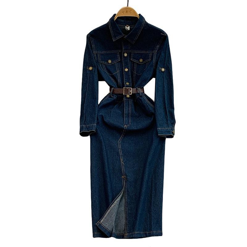 Hong Kong style star temperament single-breasted lapel denim dress women's autumn strap waist split long dress