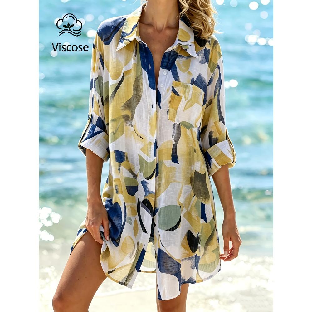Modisches, mittellanges, locker sitzendes Strand-Überwurfkleid mit Print für große Frauen, Bikini-Wickelrock
