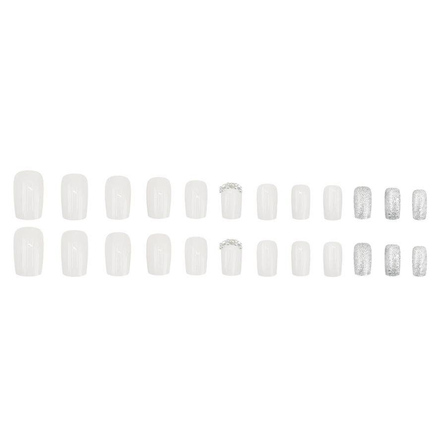 

24pcs White Silver Glitter Press On Nails, 24pcs Chic Rhinestone Decor Fake Nails Nail Supplies