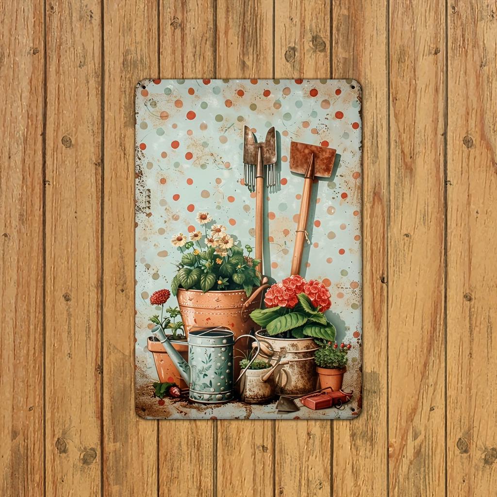1pc Rustic Iron Metal Tin Sign, Vintage Gardening Tools and Plants Illustration, Indoor Outdoor Wall Art Decor for Home, Cafe, G