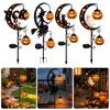 Solarbetriebene Schwarze Katze Laternen Halloween Metall Gartenstab Licht, Automatisches Ein-/Ausschliessen Halbmond mit Aufhängung Gruselige Außen Terrassen Akzente