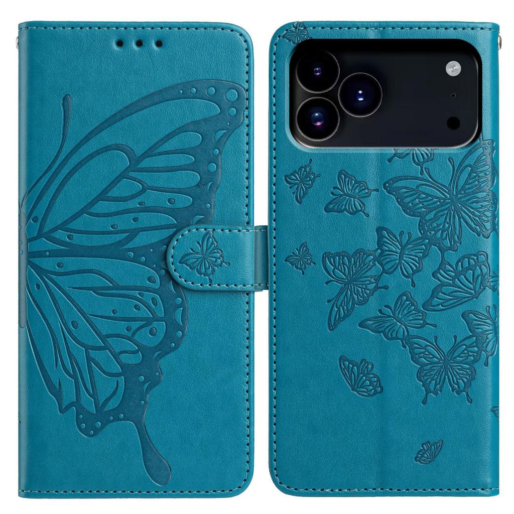 For iPhone 17 Pro Case Butterfly Imprinted Wallet Stand PU Leather Flip Phone Cover with Strap