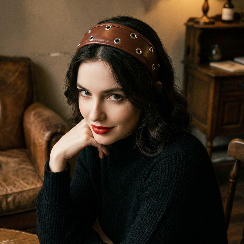 Punk Leather Headband Black and Red Hollow Ring Hair Hoop Ins Metal Rivets Headwear Festival