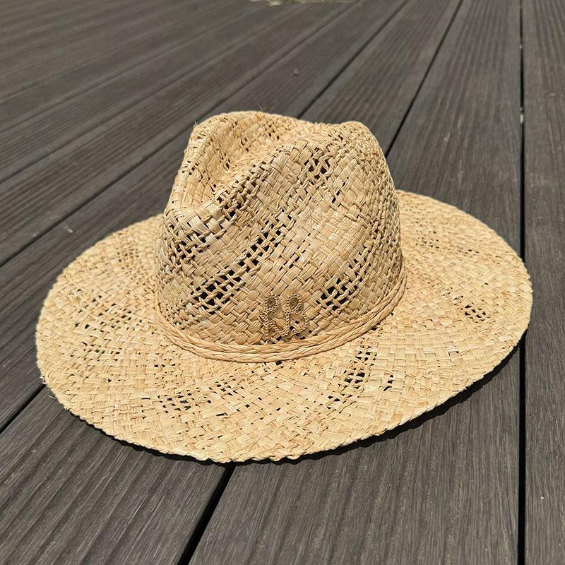 

Original Designer Style Hats Metal Letters RB Chain Raffia Panama Handmade Straw Hat For Women Summer Beach Wide Brim Sun Hat 54-58cm