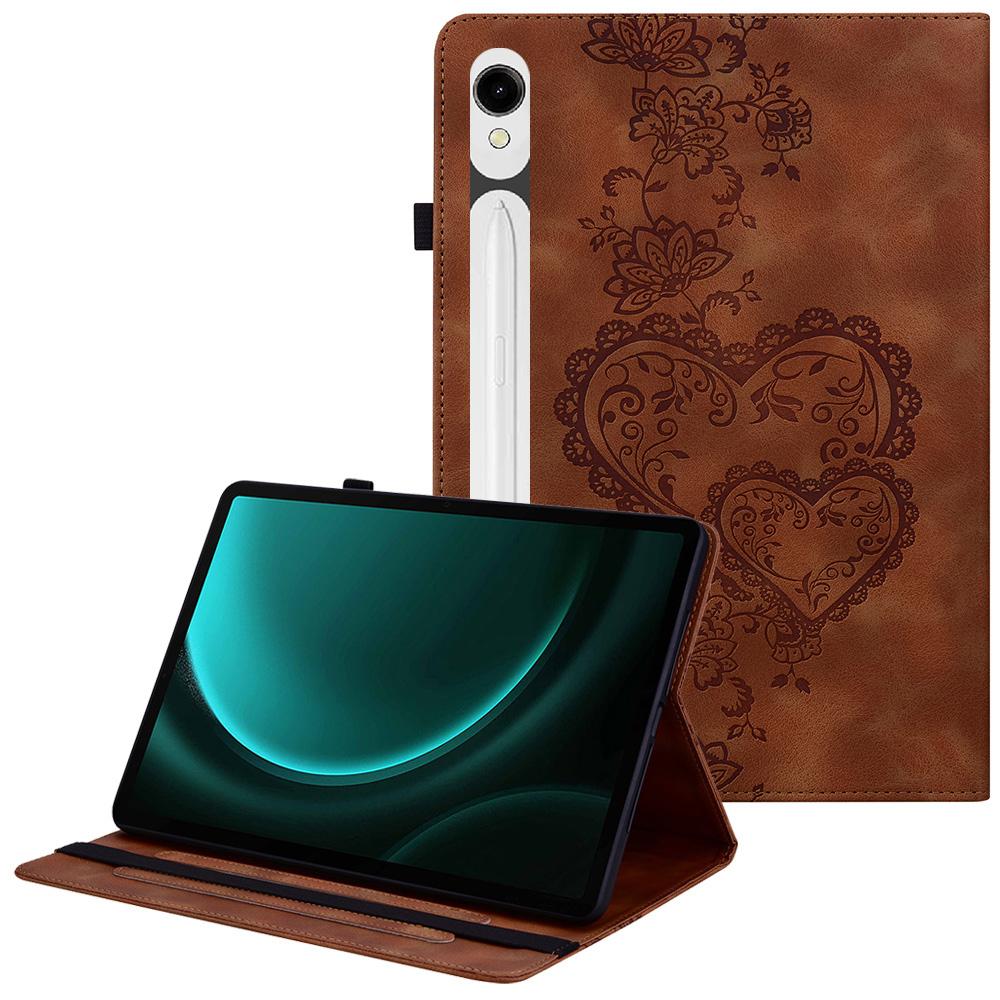 Leather Case For Samsung Galaxy Tab S10 Lite/S10 FE/S9 FE/S9 Heart Imprint Foldable Stand Card Slot Stylus Holder Tablet Cover