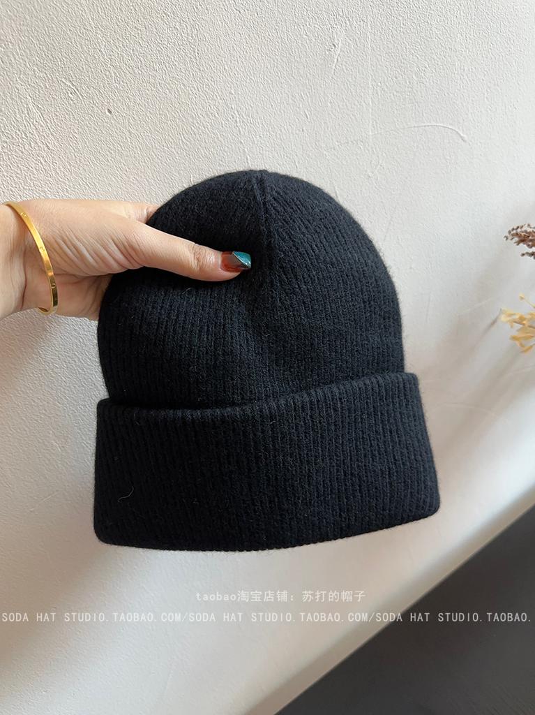 High-Quality 100% Pure Wool Winter'S Knitted Hat Women Solid Color Double-Layer Warm Soft Wollen Beanies Y2K Bonnet Skullies Cap
