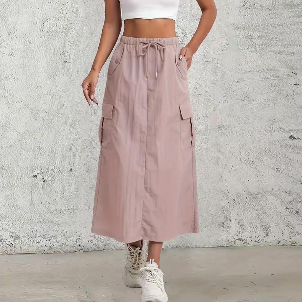 Women's Fashionable Solid Color Drawstring Elastic Waist Loose And Comfortable A-line Skirt