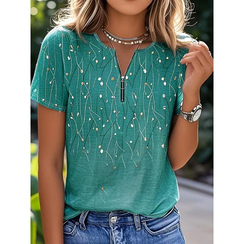 SummerSpring Geometric Printed Pattern Women's Zipper Printed Short Sleeve T-shirt