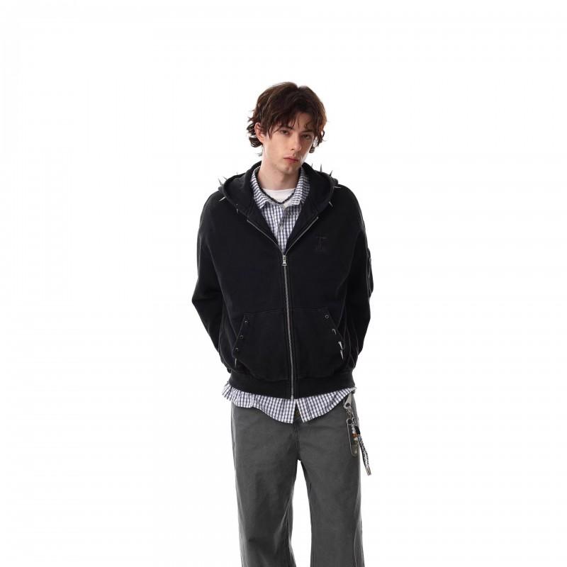 Unisex Streetwear Hooded Zip-Up Sweatshirt Punk Studded Loose Fit Black Casual Jacket