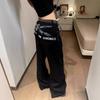 Vintage Streetwear Denim Pants With Bold Letter Graphic Patchwork Loose Fit High Waist Straight Leg Men Women