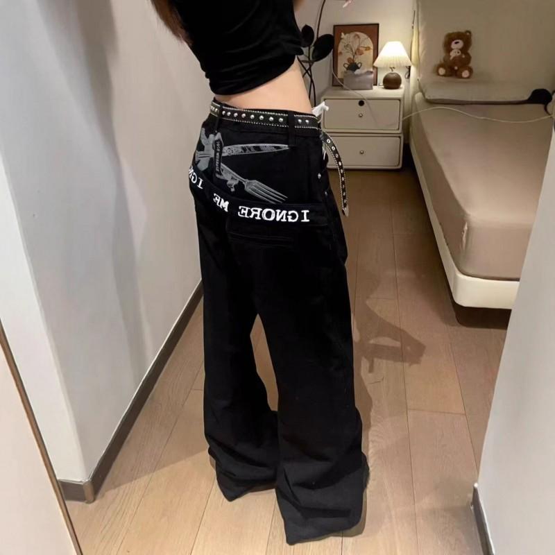 Vintage Streetwear Denim Pants With Bold Letter Graphic Patchwork Loose Fit High Waist Straight Leg Men Women