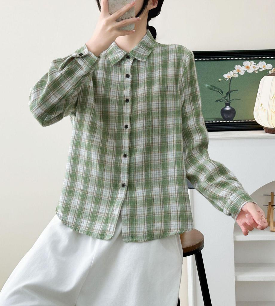 Women's 2026 Early Spring Brushed Cotton Plaid Shirt - Korean Retro Hong Kong Style, Long Sleeve, Niche, Lazy Chic